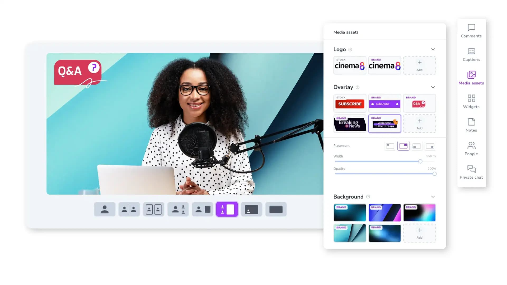 Cinema8's Browser Studio producing a live stream from the browser with layouts, guests, and branded overlays.