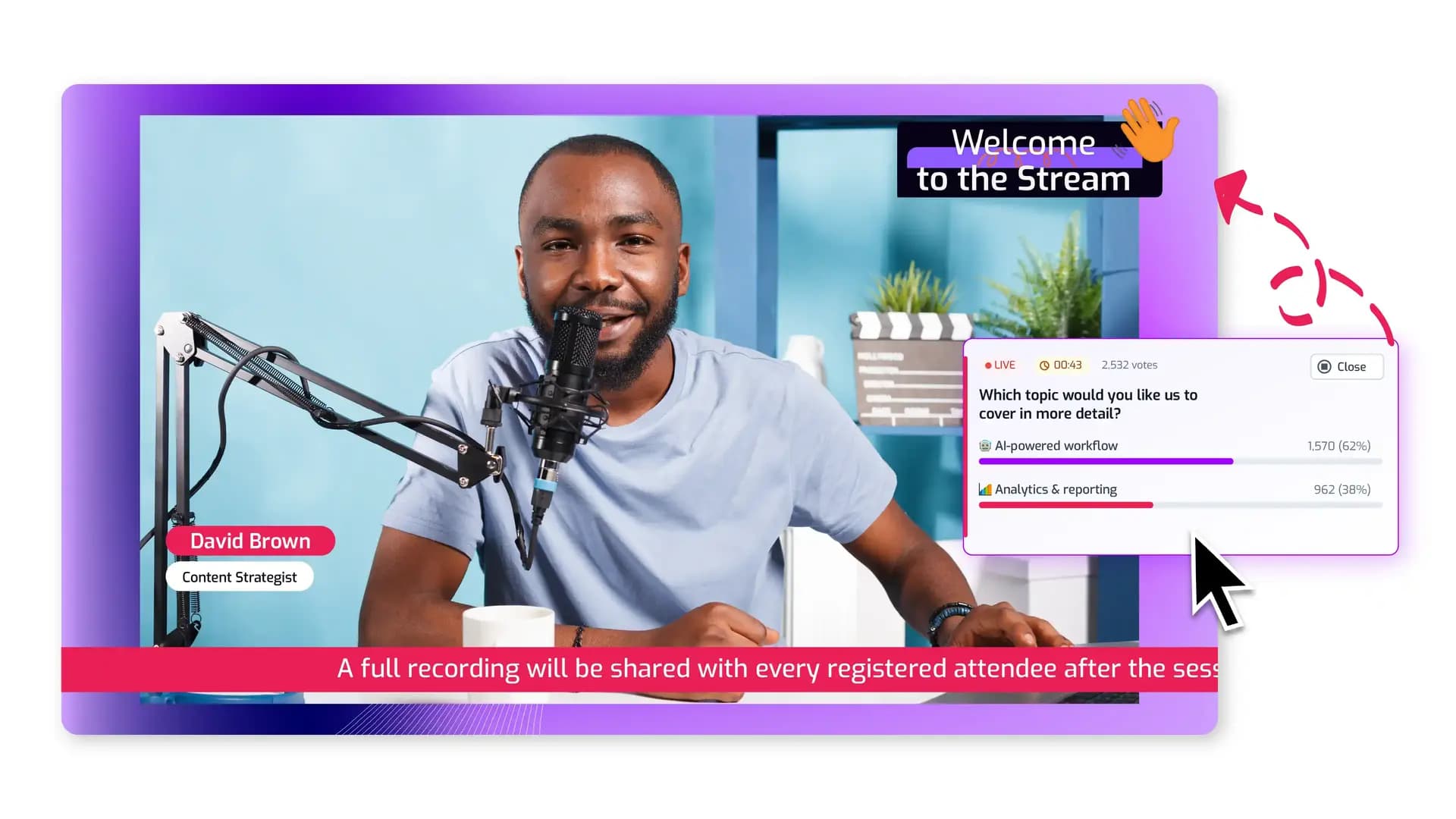 Cinema8's watch page keeping the audience together with live chat, moderated Q&A, polls, and DVR rewind during a live stream.