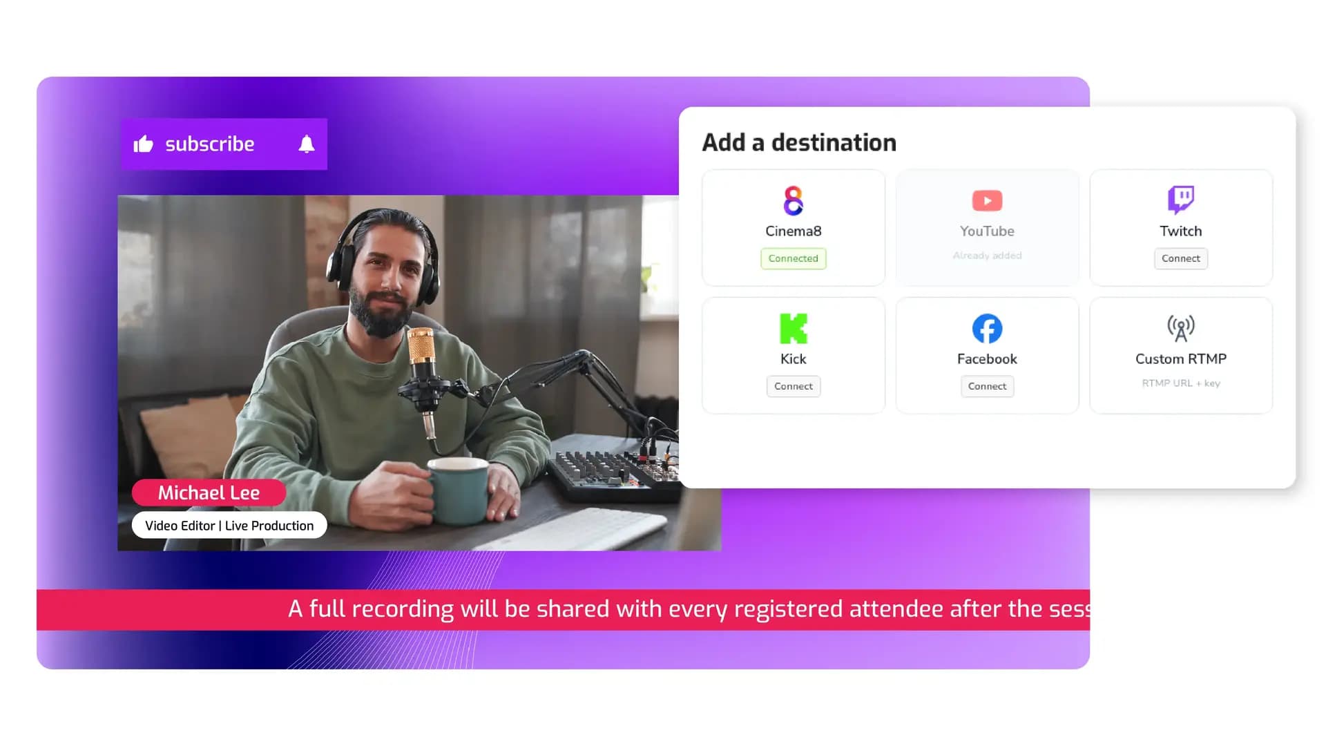 Cinema8's multistream destinations panel broadcasting a single live stream to YouTube, Twitch, Kick, Facebook, and custom RTMP endpoints.