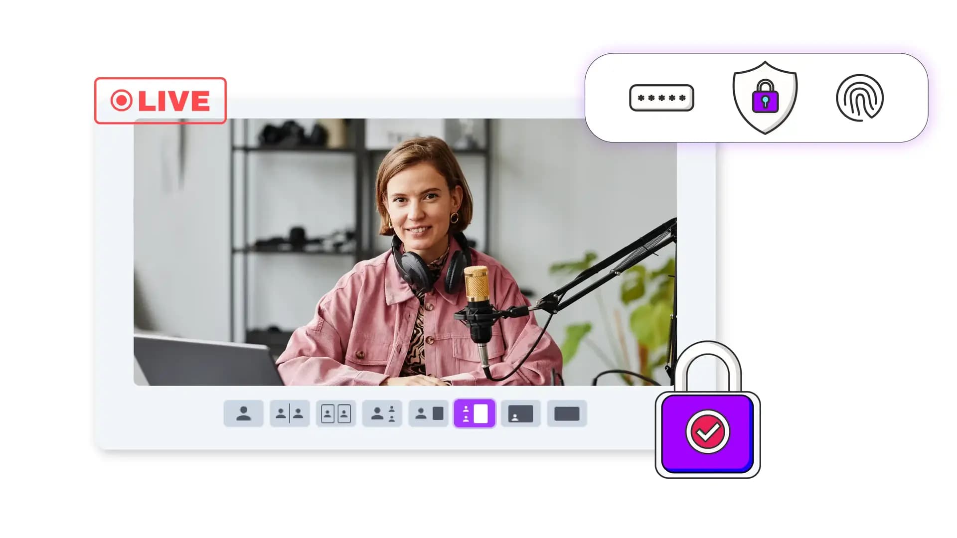Cinema8's live stream security settings showing password protection, restricted access, and ISO 27001-certified infrastructure.