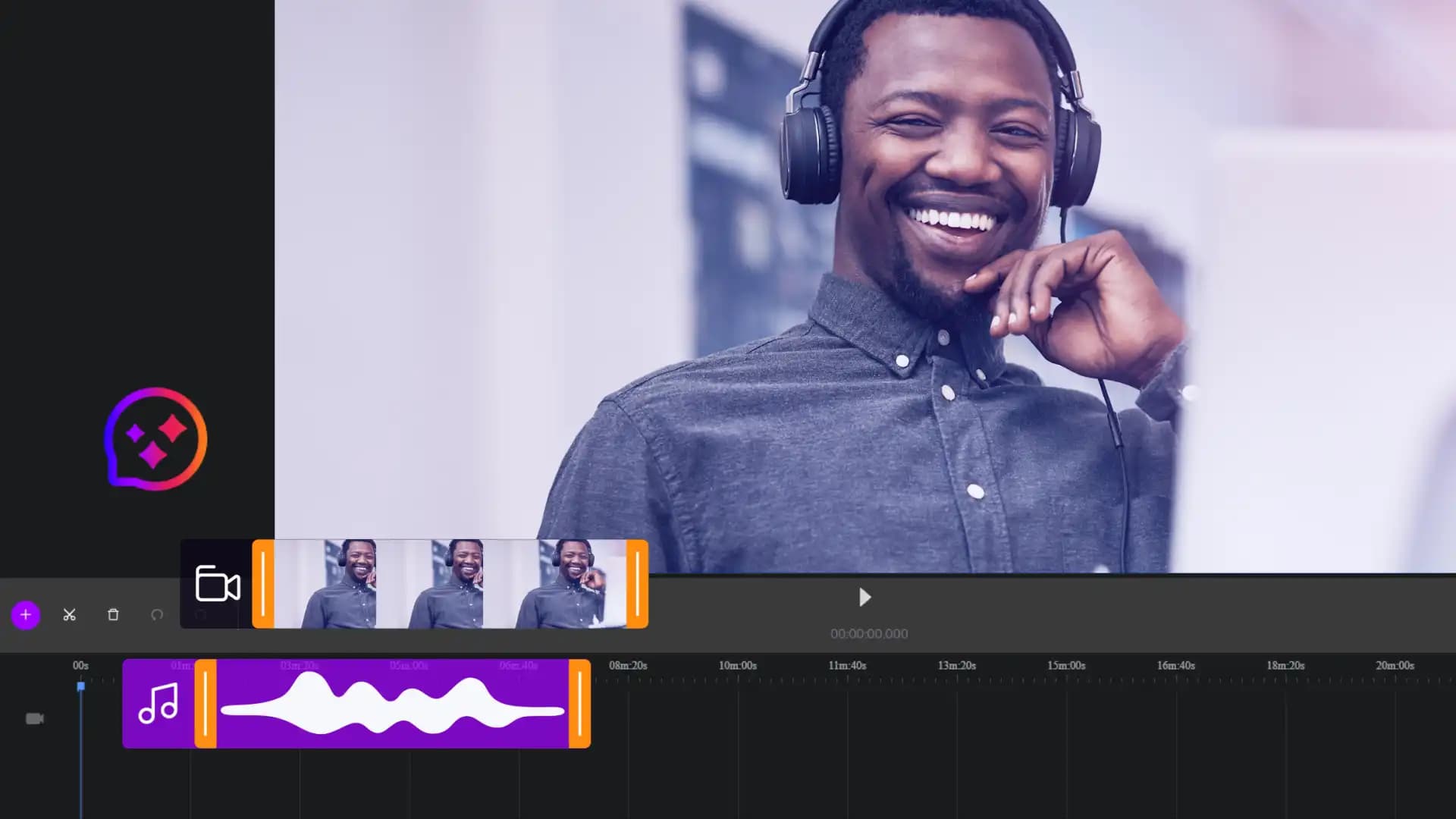 The Cinema8 video hosting platform's editor is being used to add sound effects to a video. The video and SFX are shown in the timeline.