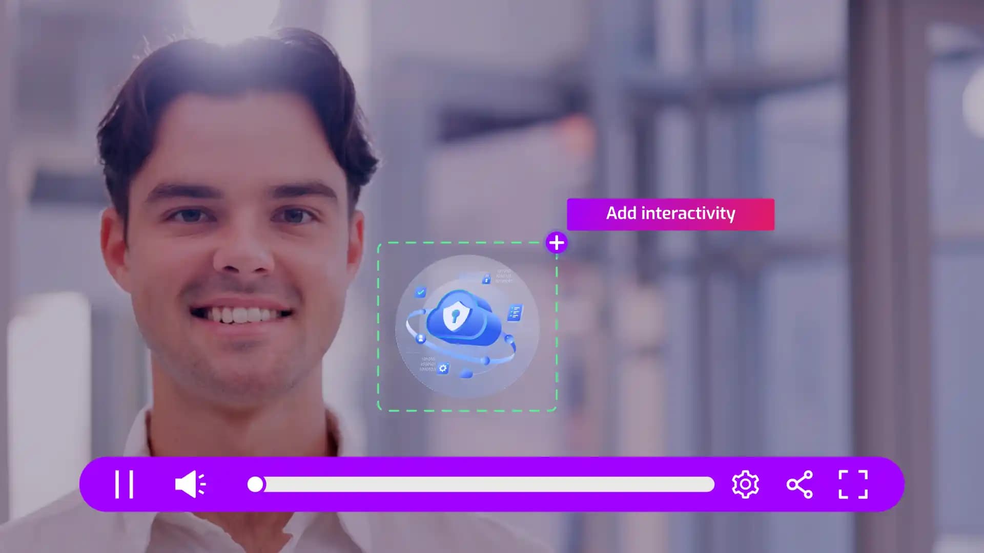An after effects motion graphic has been inserted into a video in Cinema8's platform. The user is given the option to add interactivity to the graphic.