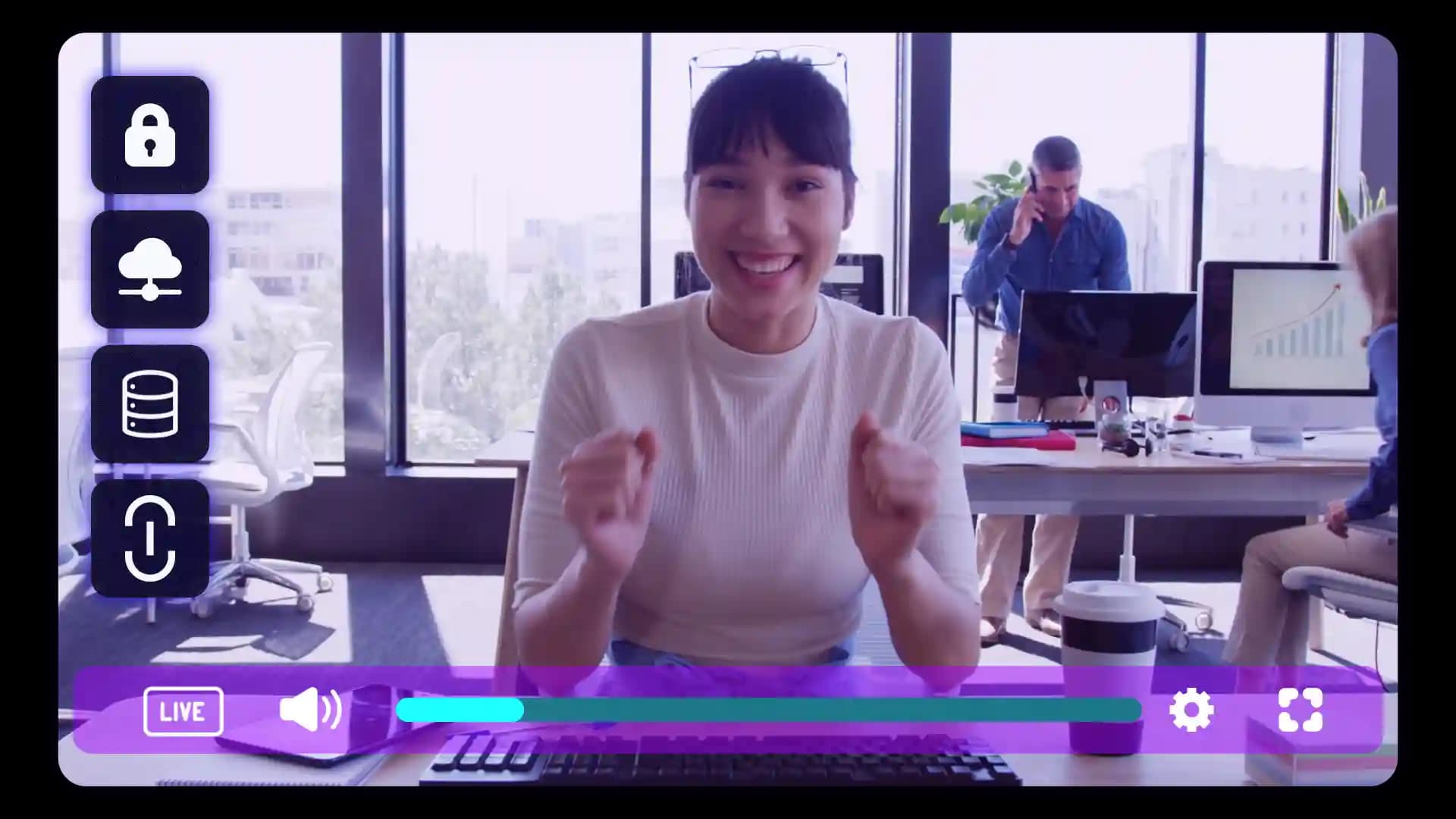 A video streaming example with icons representing security, access control, and sharing options.